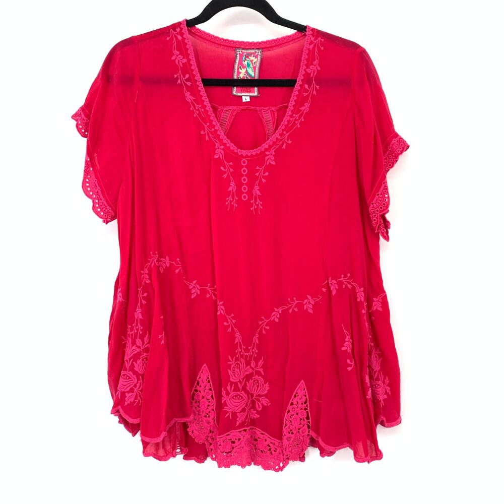 Johnny Was Blouse Womens L Pinkish Red Embroidered Lace Flutter Sleeve Boho Top